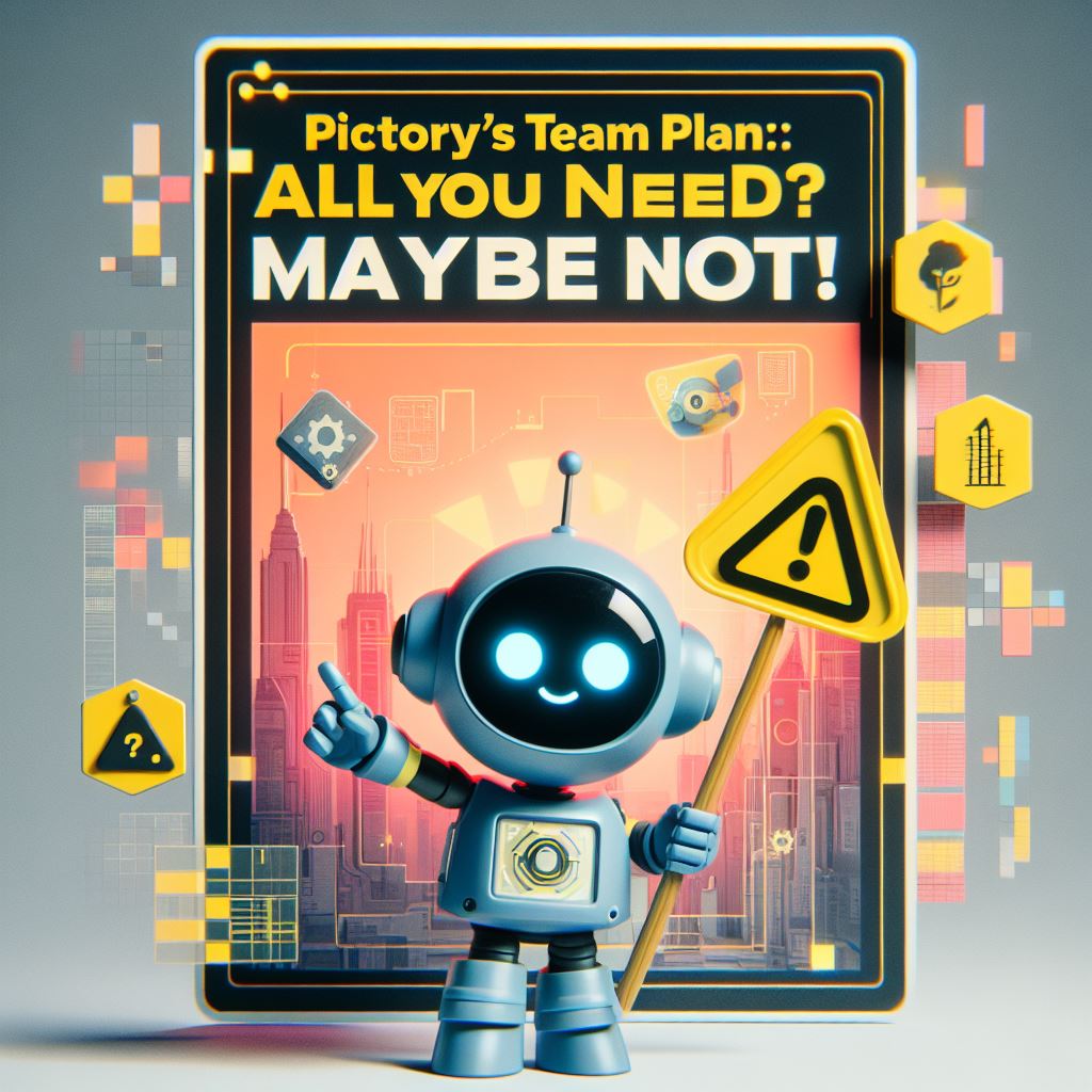 A Pictory robot holding a sign that says "Pictory's team plan: Save on all you need, maybe not.