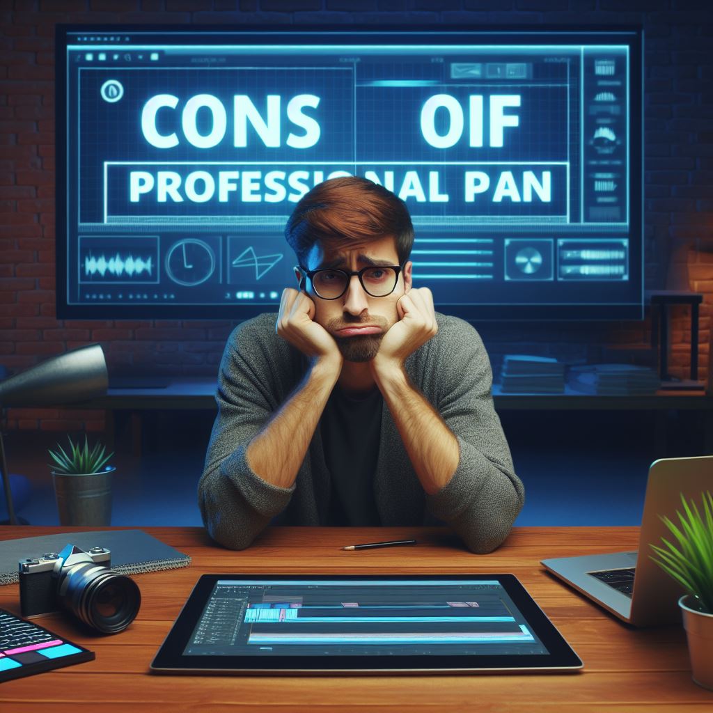 A man sitting at a desk with a laptop and a tablet, pondering the pros and cons of the Pictory Professional Plan as he attempts to save time and improve productivity.