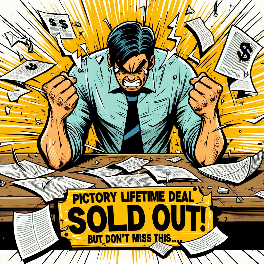 A Pictory-style illustration of a businessman with a stack of papers and a sold-out sign.