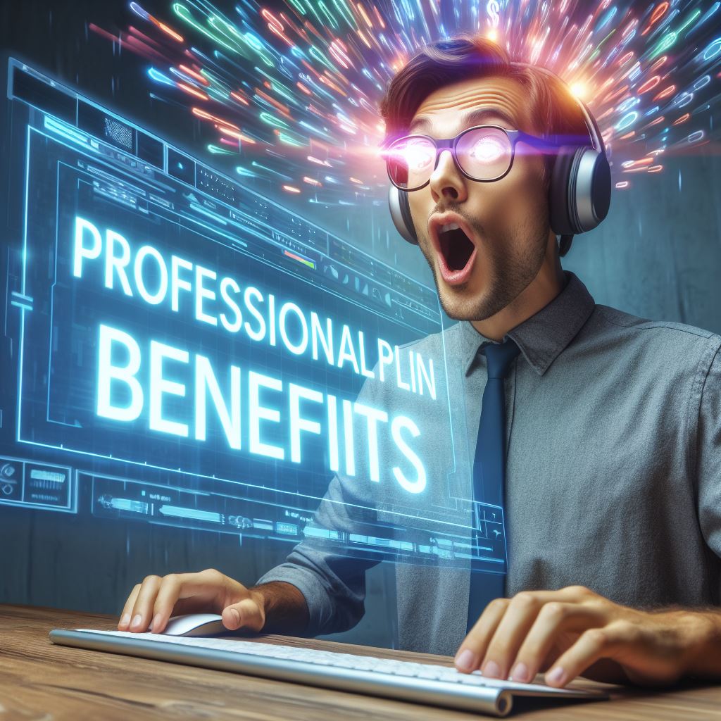 A man wearing headphones is seen in front of a computer screen displaying the Pictory Professional Plan benefits. The plan presents various pros and cons, allowing users to make an informed decision. Moreover,