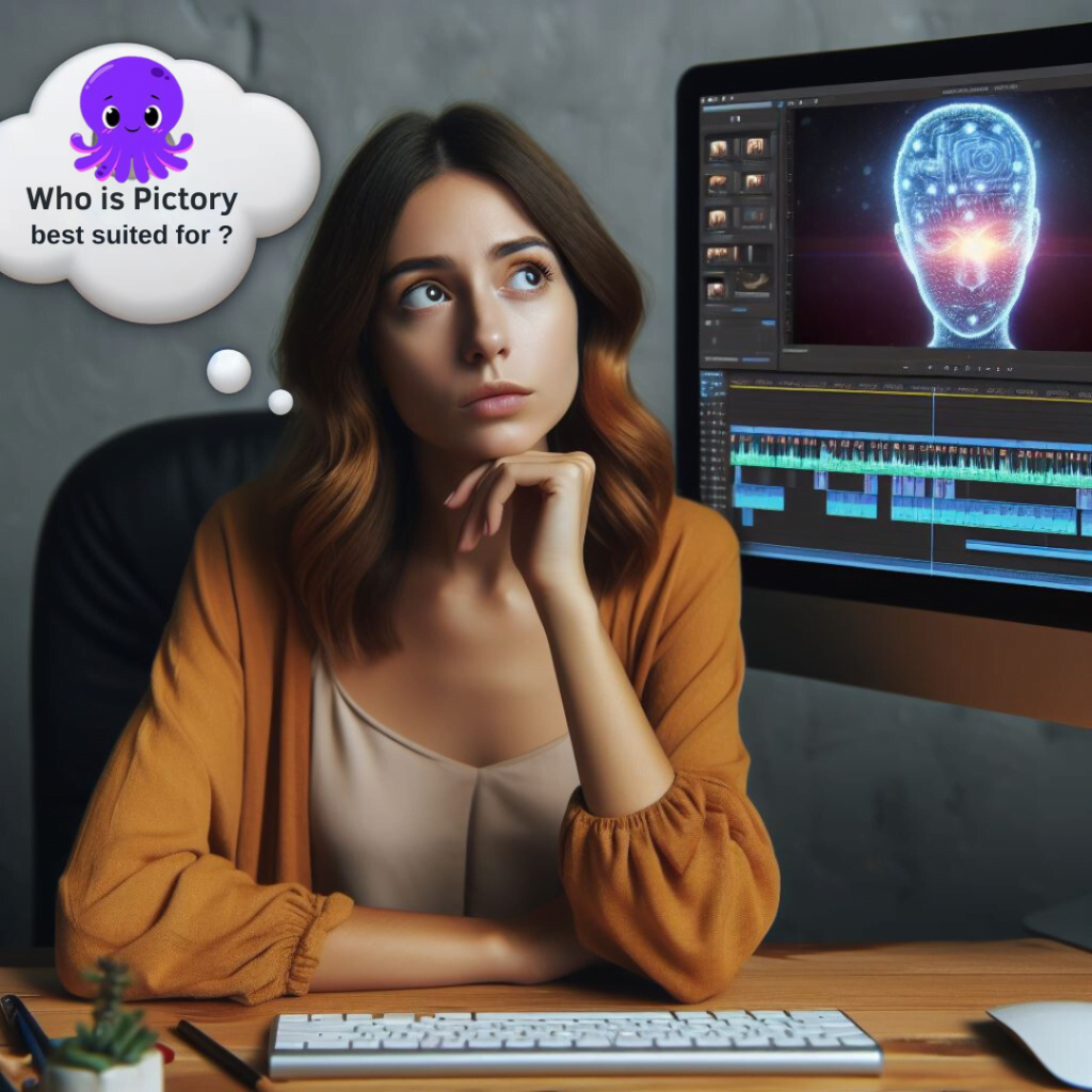 A woman in front of a computer with a thought bubble over her head, exploring the capabilities of AI Video Creator and envisioning the possibilities outlined in the Ultimate Guide by Pictory AI.