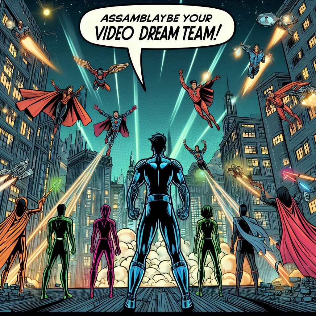 A comic with a group of superheroes in front of a city, offering a special discount code (Pictory Discount Code) for those interested in joining their team. Don't miss out on the opportunity to