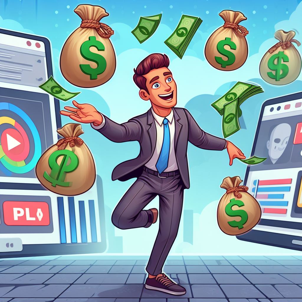 A businessman is jumping with money bags in front of a computer screen, depicting the exciting benefits of the Pictory Professional Plan.