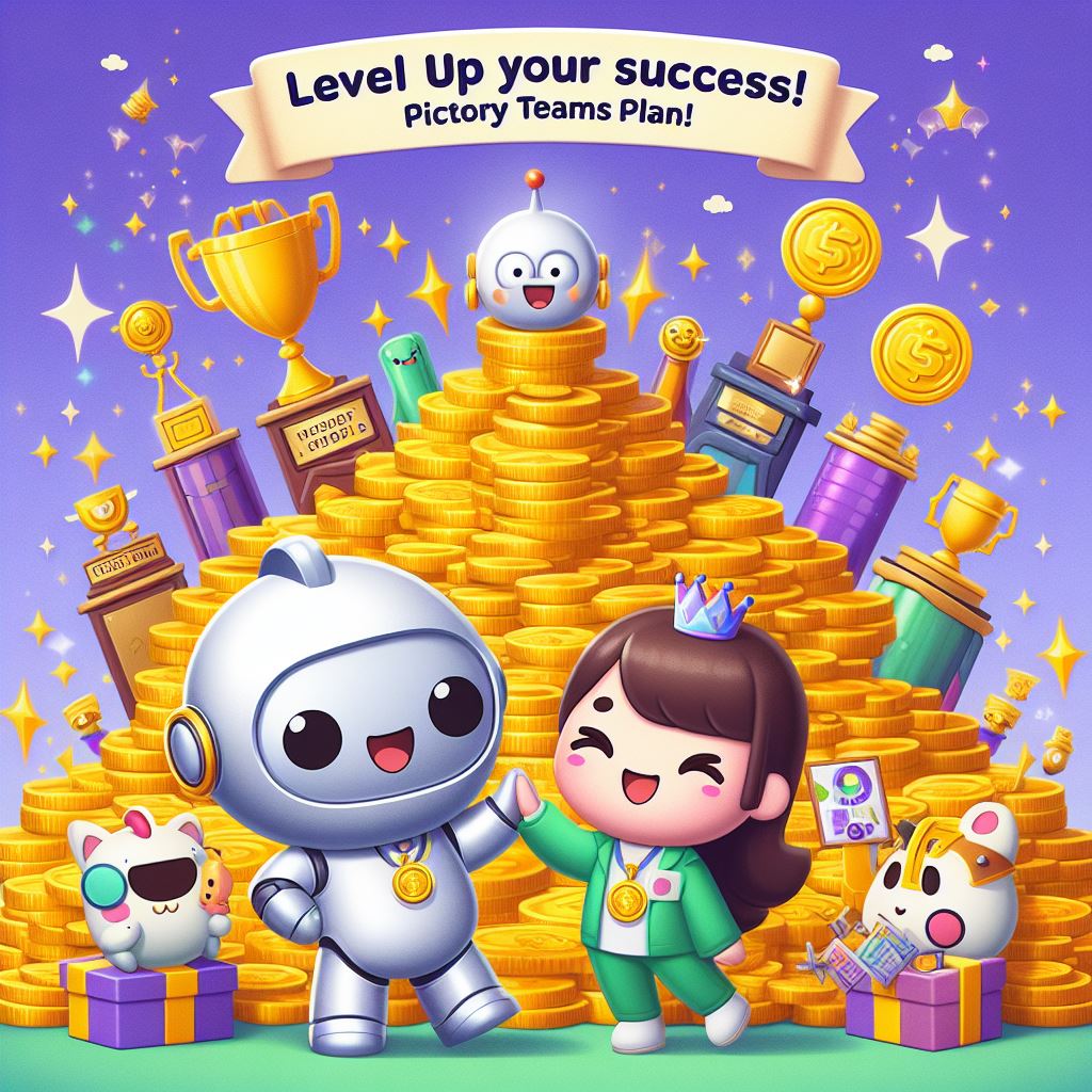 A girl and a robot standing next to a pile of gold coins, showcasing the Pictory Discount Code.