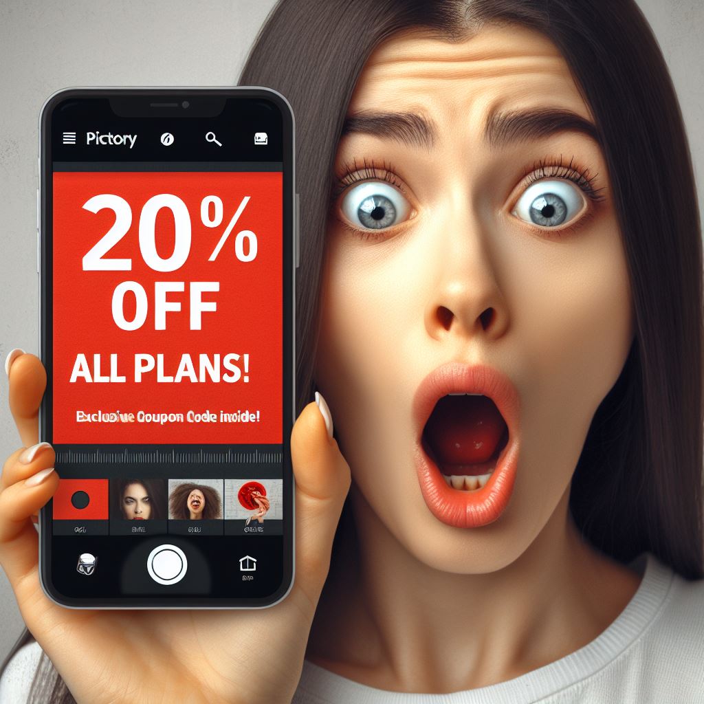 A woman holding up a smartphone with a 20% off all plans sign using the Discount keyword.