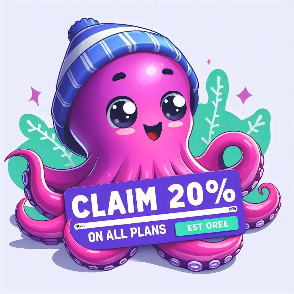 A cartoon octopus wearing a hat and saying use the "Pictory Coupon Code" to claim 20% off all plans.