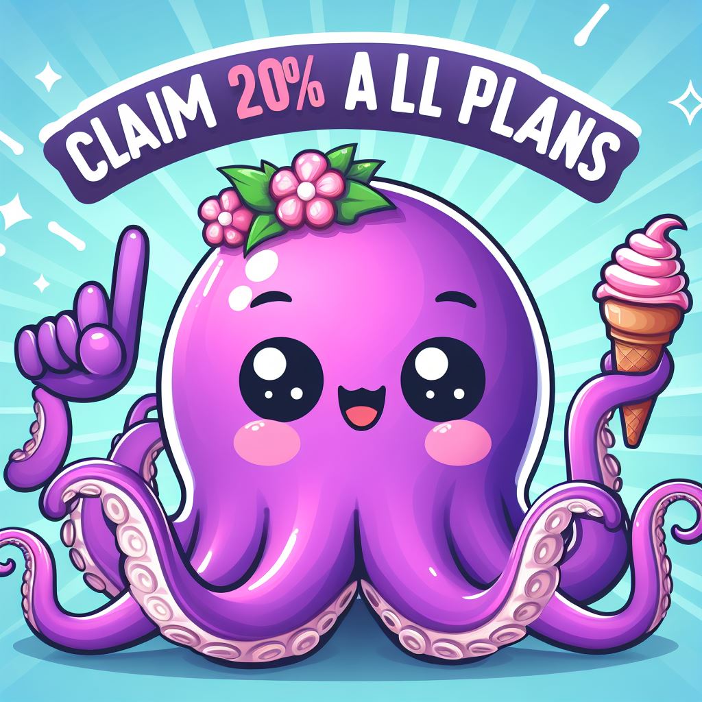 A cute octopus holding an ice cream cone and saying claim 20% off all plans with the Pictory Coupon Code.